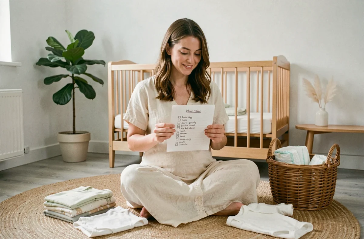 Future maman enceinte organisée assise sur le sol de la chambre de bébé entourée de vêtements et accessoires pour nouveau-né