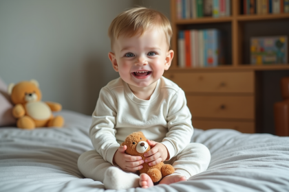 B&eacute;b&eacute; gar&ccedil;on souriant en pyjama dans son lit