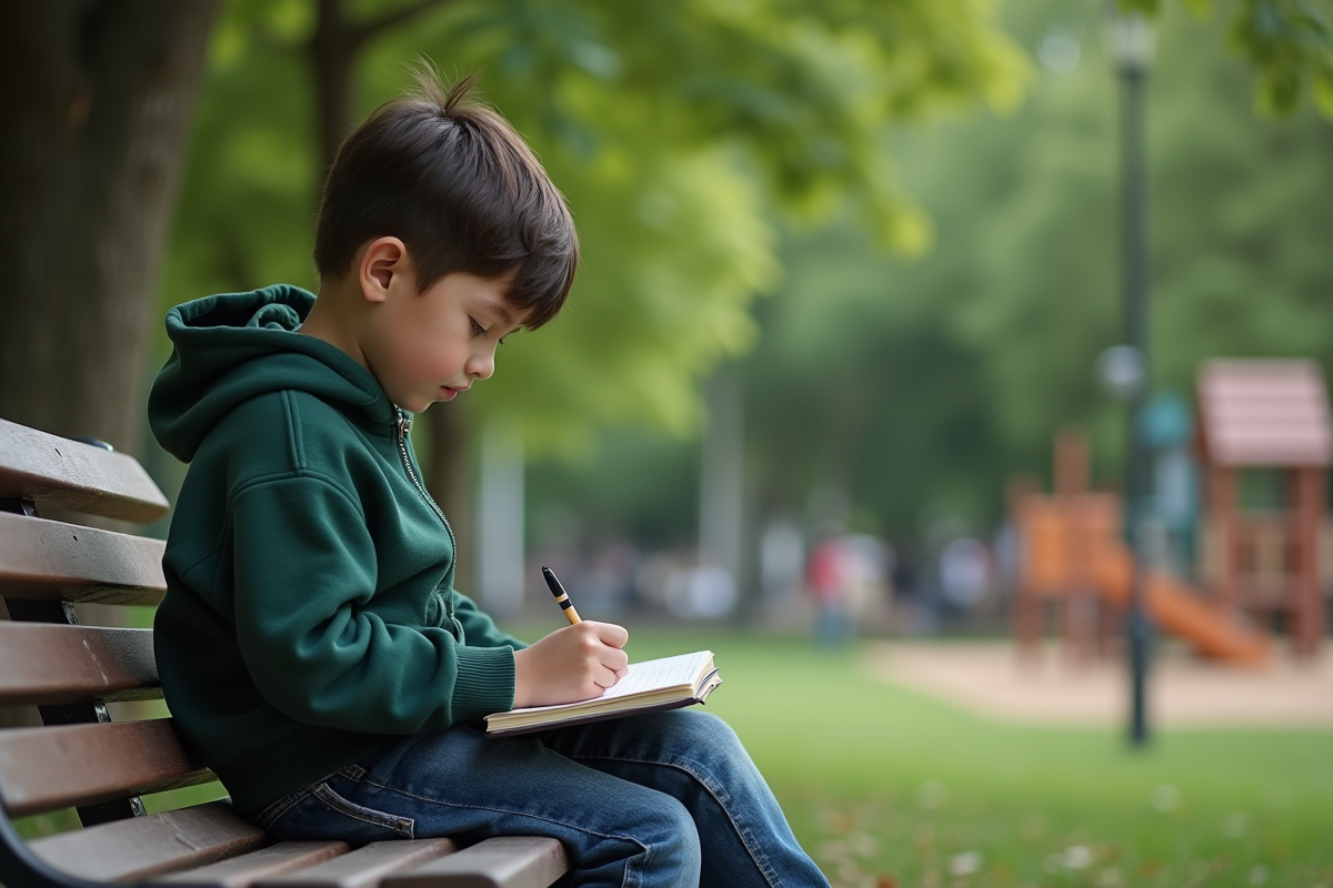 Garçon de 9 ans dessinant sur un banc de parc en plein air