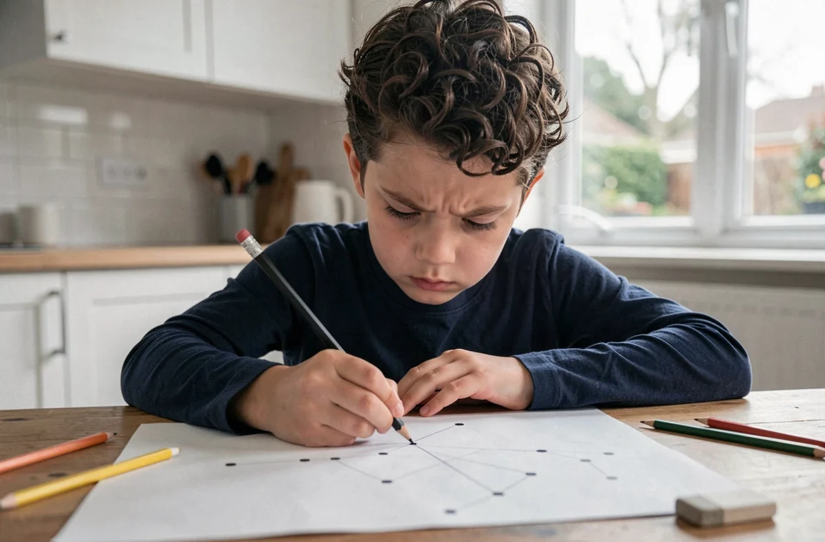 Garçon appliqué reliant des points sur une feuille blanche à la table de la cuisine avec des crayons colorés