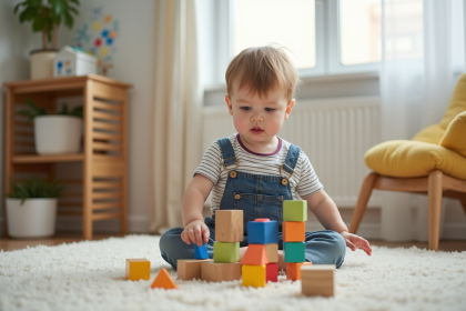 Garçon de deux ans jouant avec des blocs en bois dans un salon lumineux