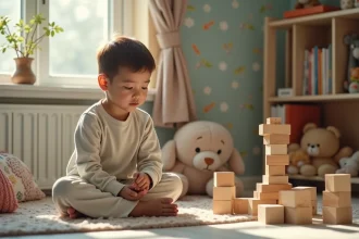 Garçon de 6 ans construisant une tour en blocs en chambre