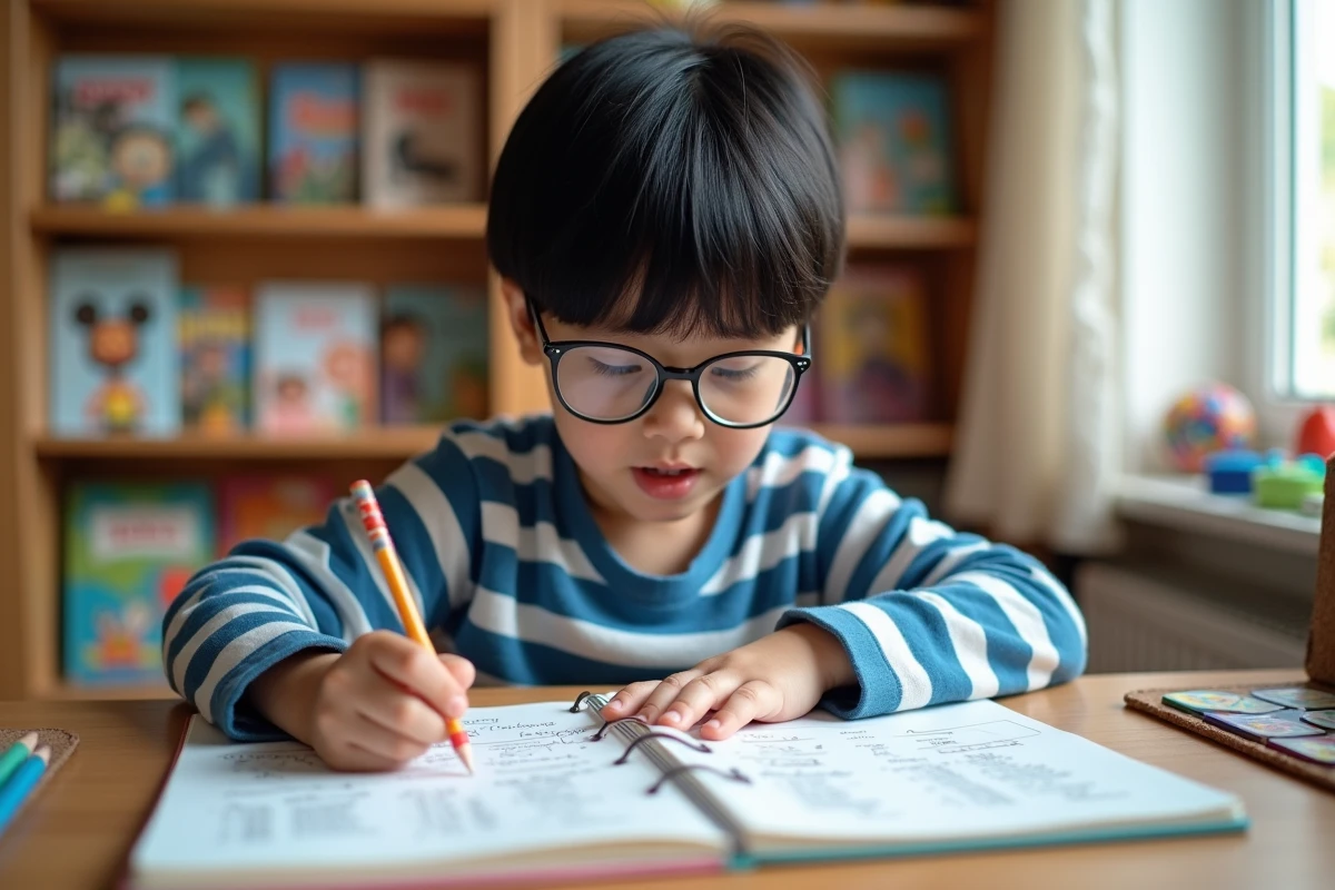 Jeune garçon organisant une liste de films d'animation Disney dans un cahier illustré à son bureau