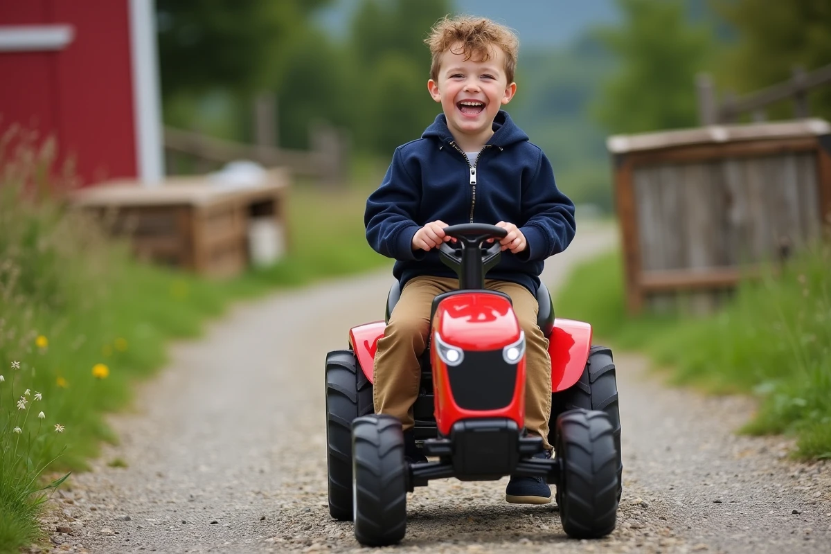 Garçon rigolant sur un tracteur électrique dans un décor rural