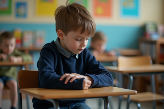 Garçon de 10 ans pensif dans une classe scolaire