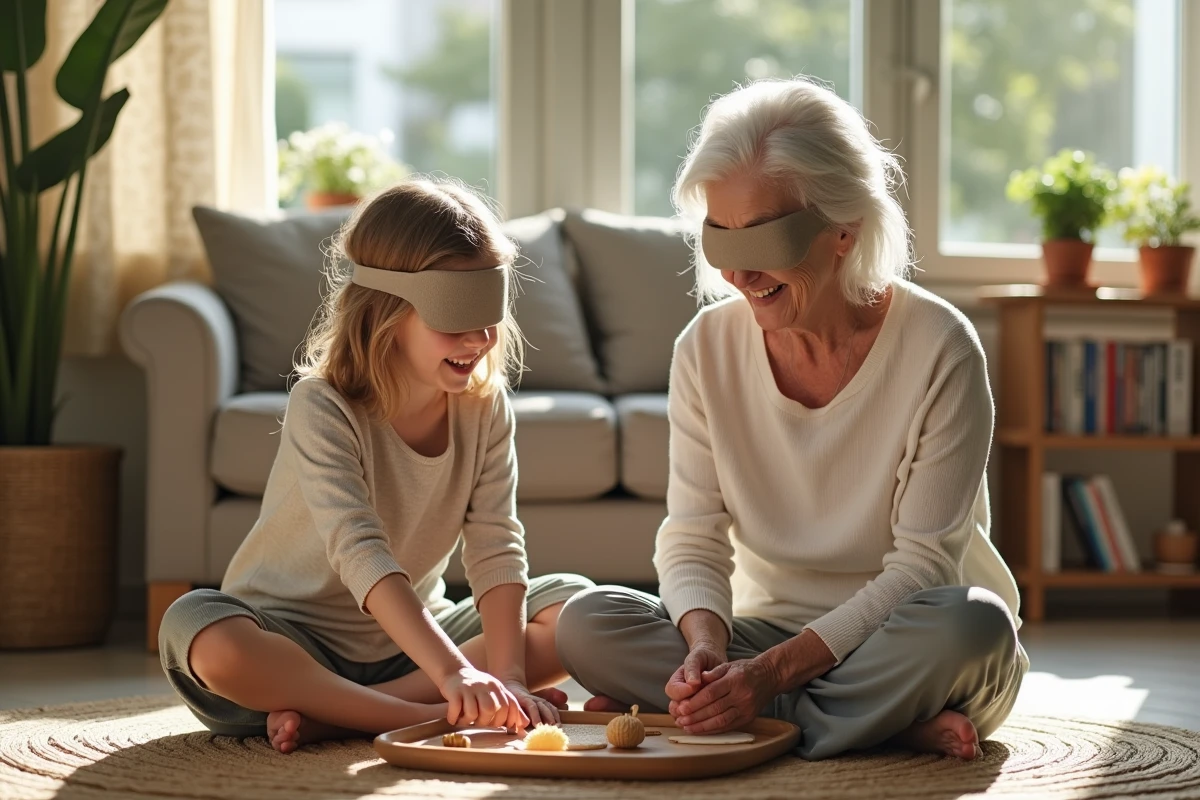Grand-mère et petite fille jouant à un jeu sensoriel dans le salon