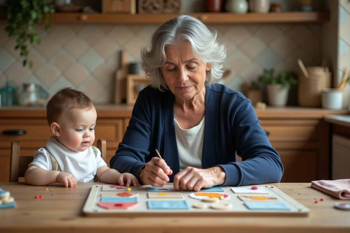 Grand-mère fabriquant un tableau d'éveil sensoriel fait main pour son petit-enfant de 1 an dans une cuisine