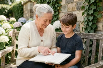 Grand-mère et petite-fille lisant ensemble un cahier de poésie dans un jardin fleuri, moment de tendresse intergénérationnelle