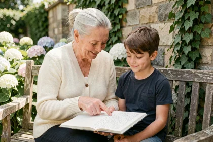 Grand-mère et petite-fille lisant ensemble un cahier de poésie dans un jardin fleuri, moment de tendresse intergénérationnelle