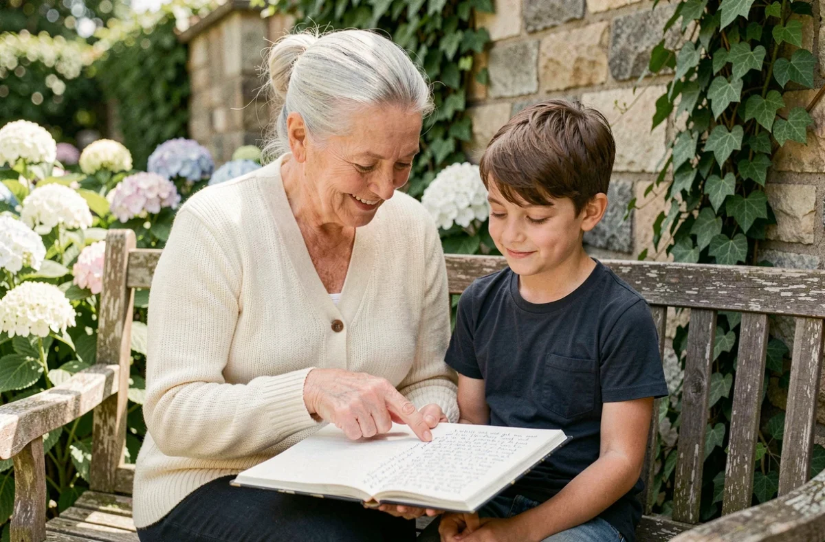 Grand-mère et petite-fille lisant ensemble un cahier de poésie dans un jardin fleuri, moment de tendresse intergénérationnelle
