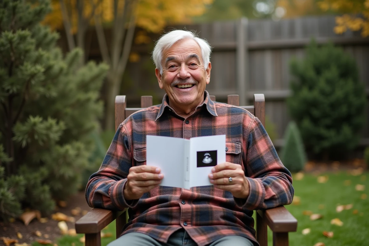 Grand-père ému tenant une échographie et une carte d'annonce de grossesse dans un jardin en automne