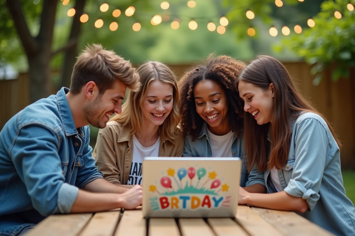 Groupe d'amis de 18 ans regardant ensemble des cartes d'anniversaire animées sur un ordinateur portable en terrasse