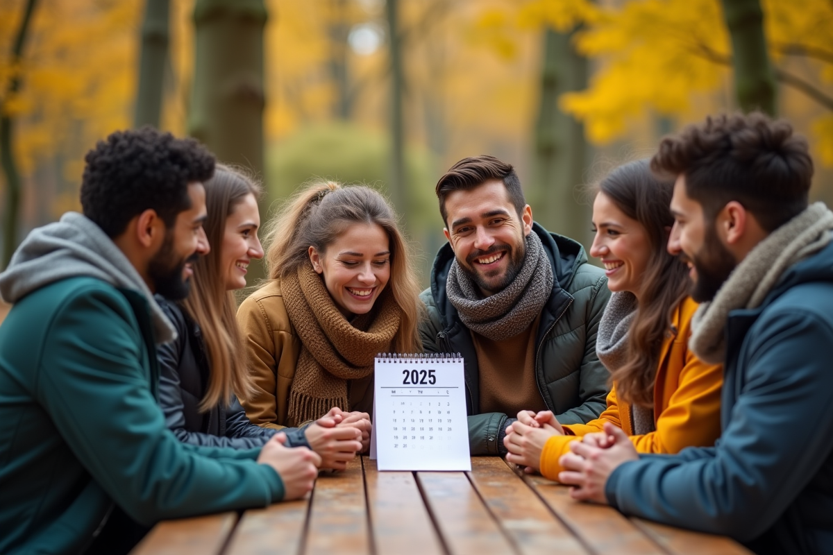 Jeunes divers regardant calendrier octobre en plein air