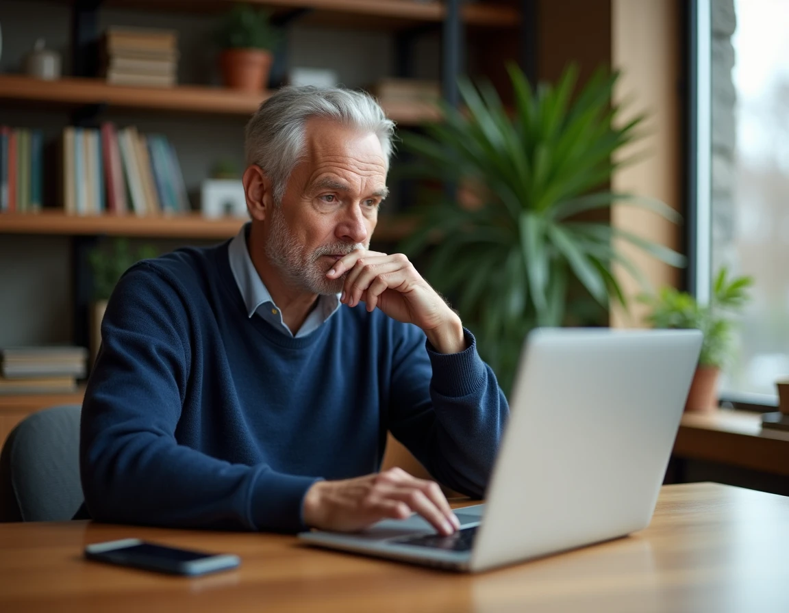 Homme quinquagénaire concentré devant son ordinateur et son smartphone dans un bureau à domicile chaleureux, évoquant l'influence des réseaux sociaux sur la vie personnelle et sentimentale