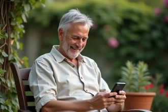 Homme d'âge mûr souriant en consultant son smartphone dans un jardin verdoyant, illustrant l'impact des réseaux sociaux sur la vie de couple