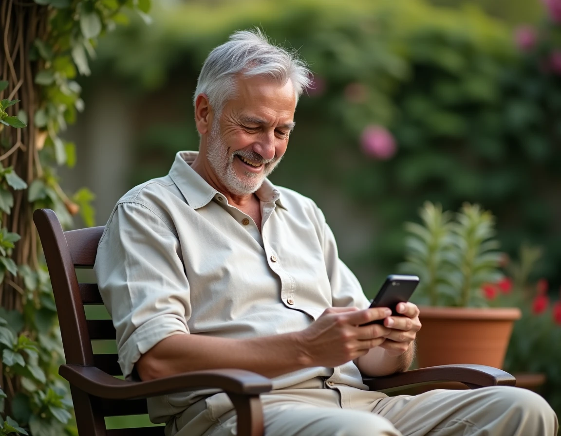 Homme d'âge mûr souriant en consultant son smartphone dans un jardin verdoyant, illustrant l'impact des réseaux sociaux sur la vie de couple