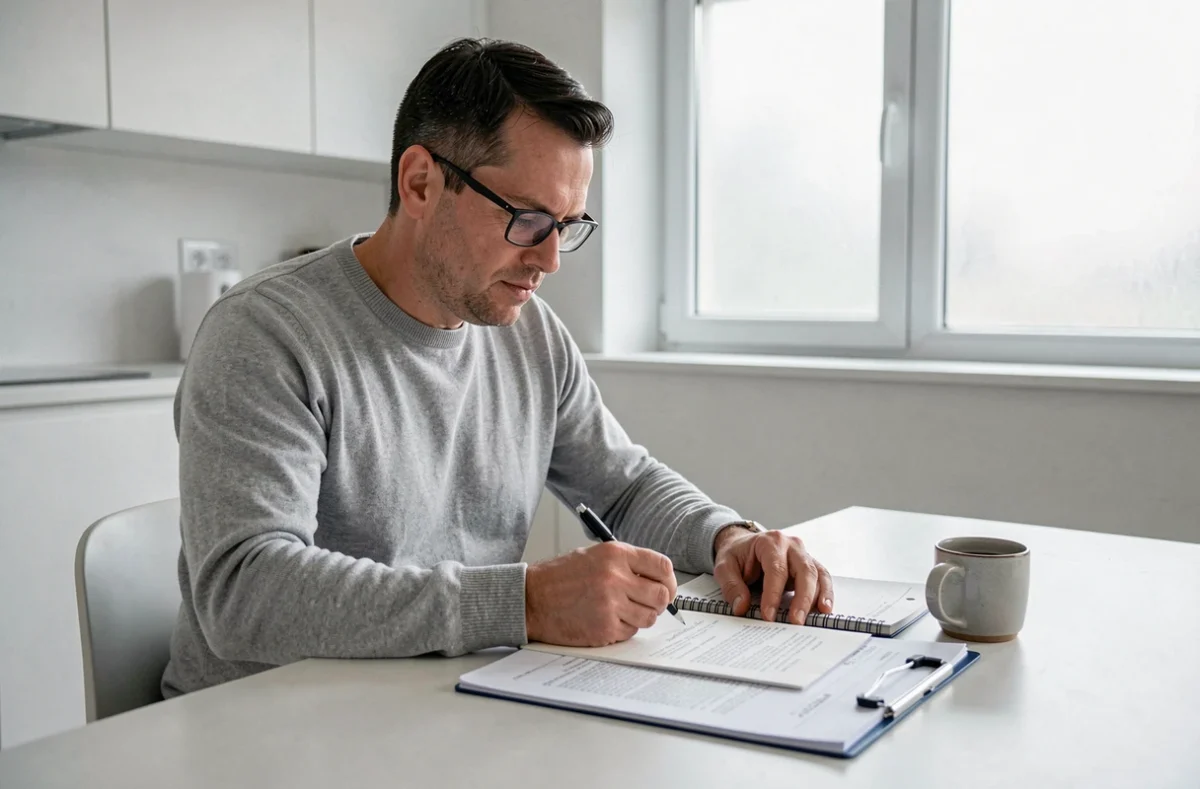 Homme concentré relisant des documents juridiques et prenant des notes pour rédiger une lettre au juge lors d'une séparation