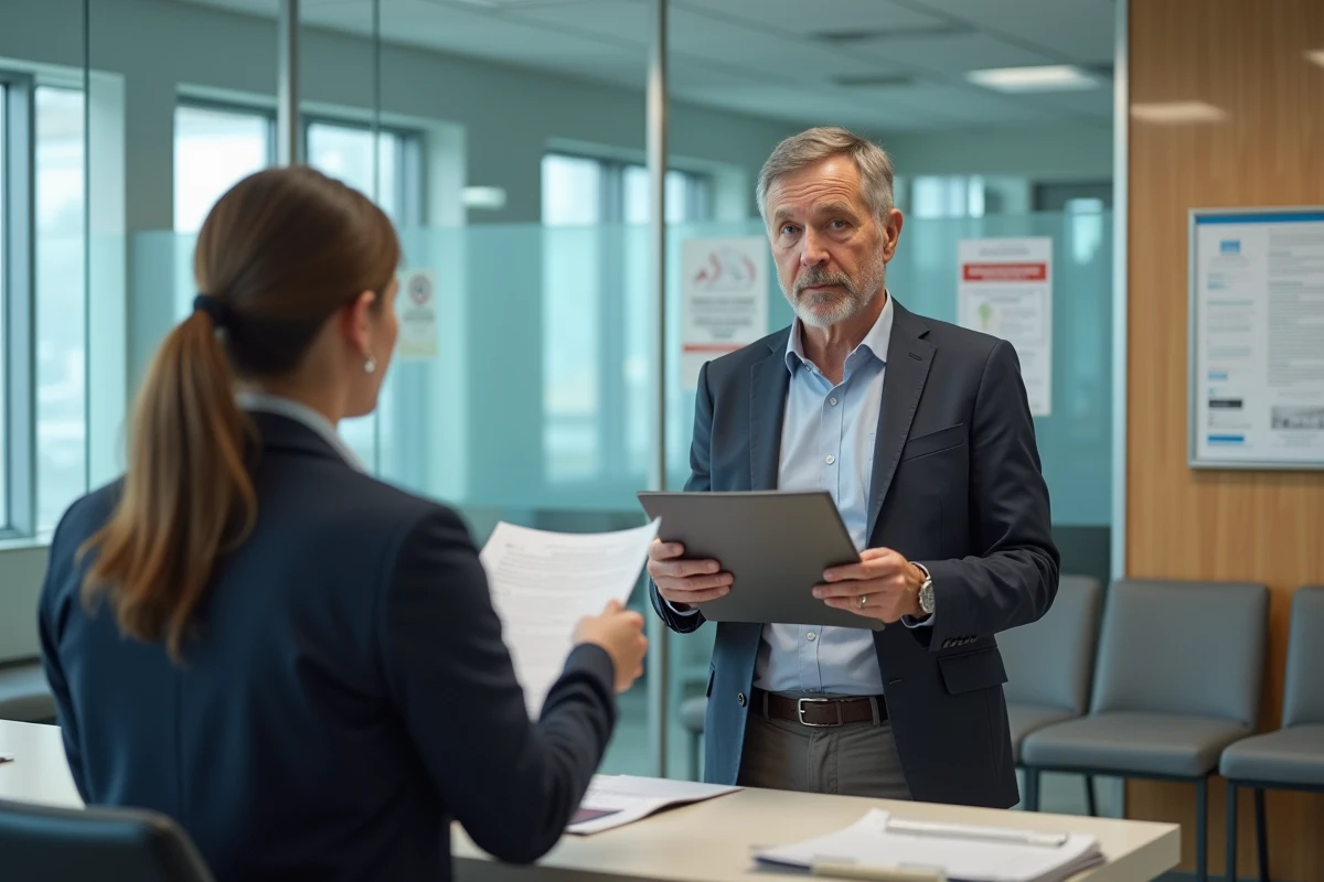 Homme remet des papiers &agrave; une agente dans un bureau