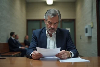 Homme d'âge moyen en costume dans un tribunal moderne