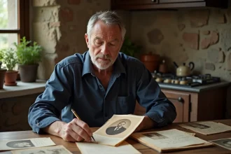 Homme français examinant des photographies de famille anciennes et des documents généalogiques sur une table en bois dans une maison de campagne