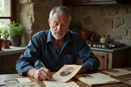 Homme français examinant des photographies de famille anciennes et des documents généalogiques sur une table en bois dans une maison de campagne