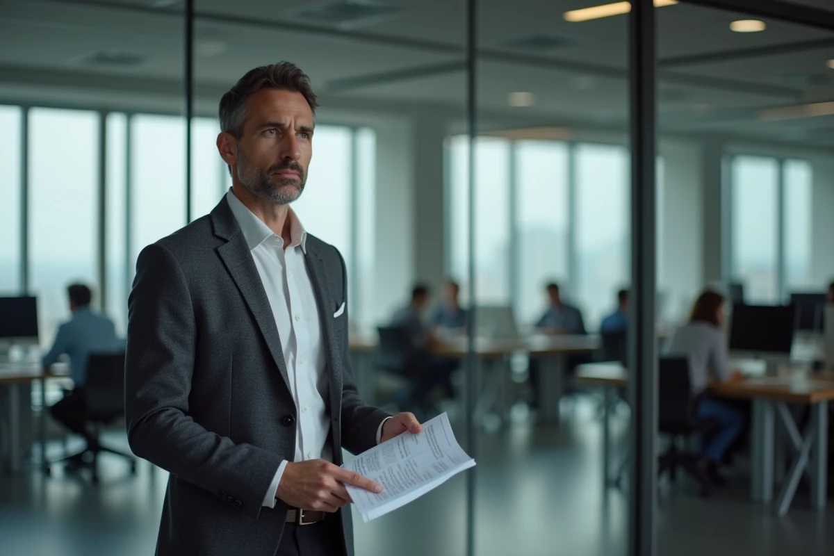 Homme journaliste debout dans une salle de rédaction moderne tenant des documents de presse