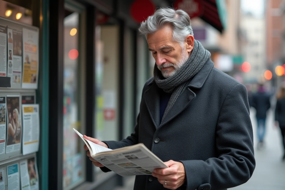 Homme dans la rue feuilletant un magazine