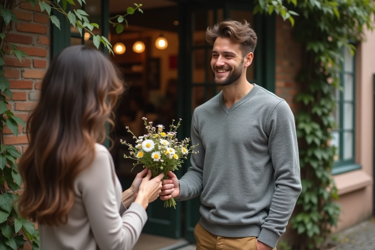 Homme offrant un bouquet de fleurs à une femme devant un café