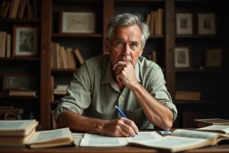 Homme pensif assis à un bureau couvert de coupures de presse et de notes manuscrites, illustrant l'enquête sur le mythe autour de Pierre Haroche frère de Raphaël