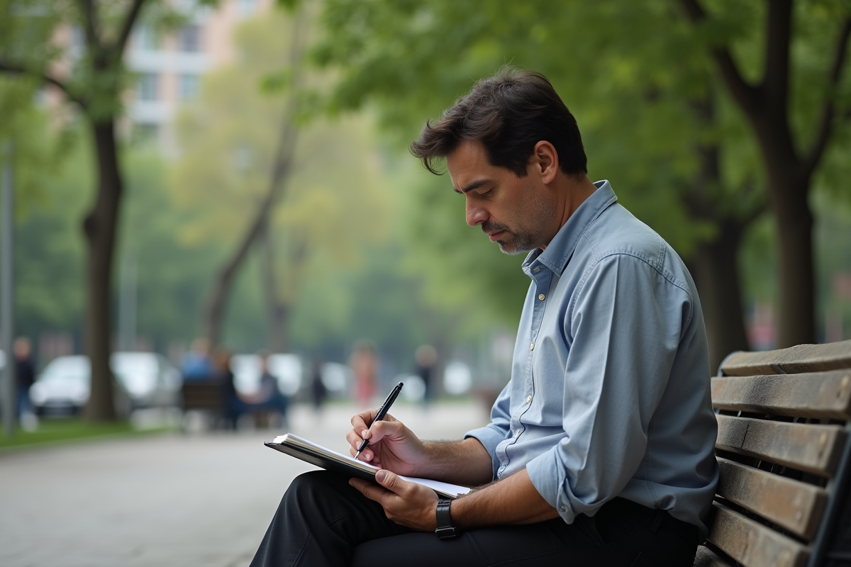 Homme méditant sur un banc dans un parc urbain