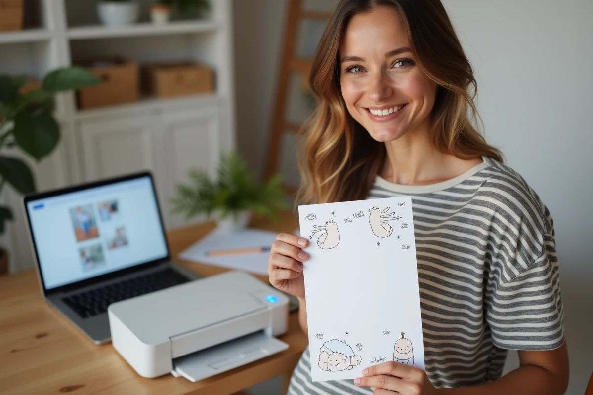 Femme imprimant chez elle une devinette annonce grossesse personnalisable devant son bureau avec une imprimante