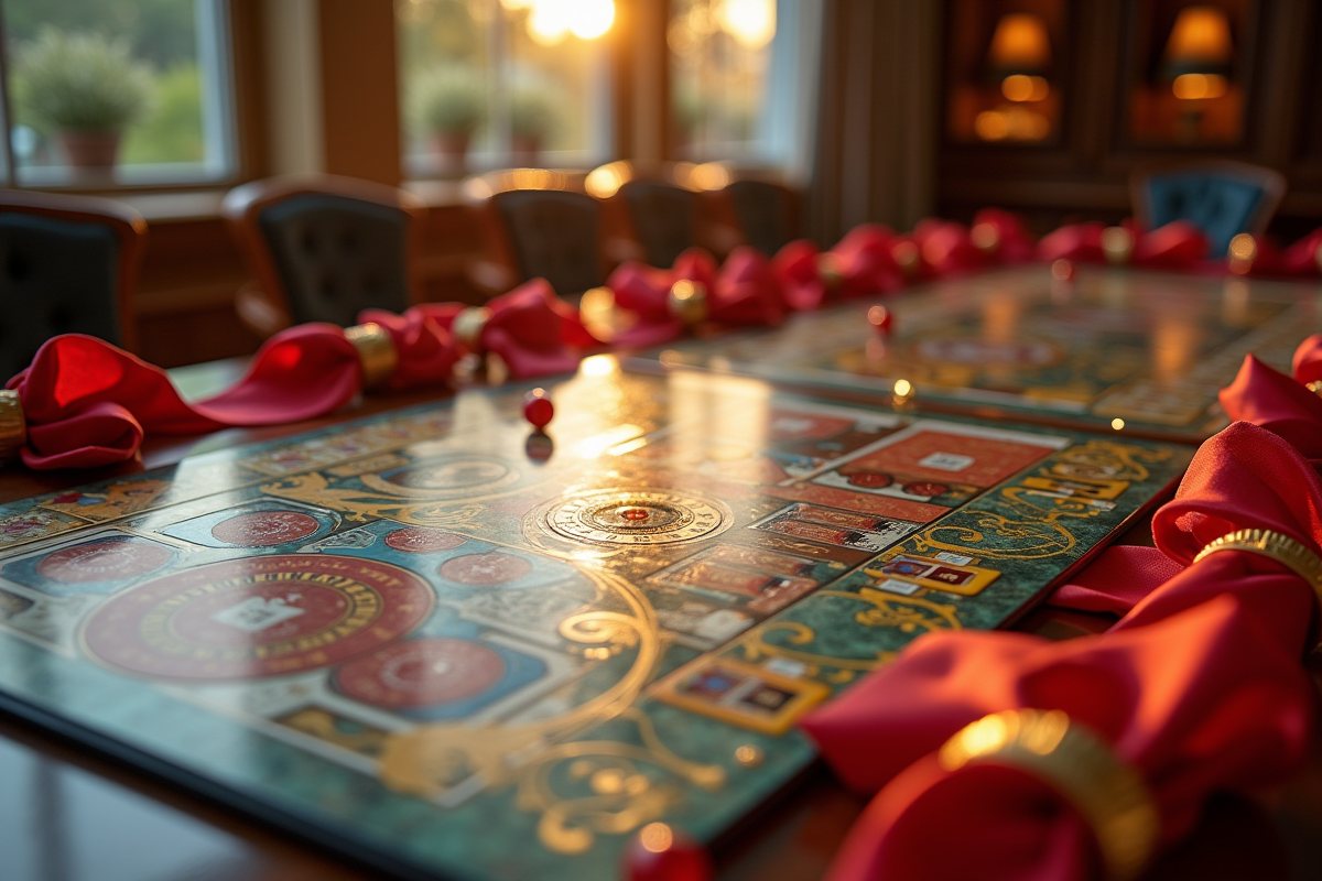 Jeu de société primé sur une table brillante avec prix et certificats