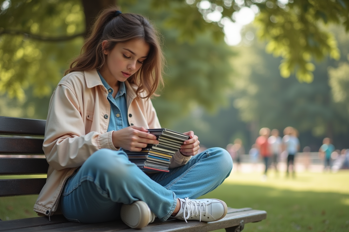 Jeune femme dans un parc des années 90 avec CDs et skate