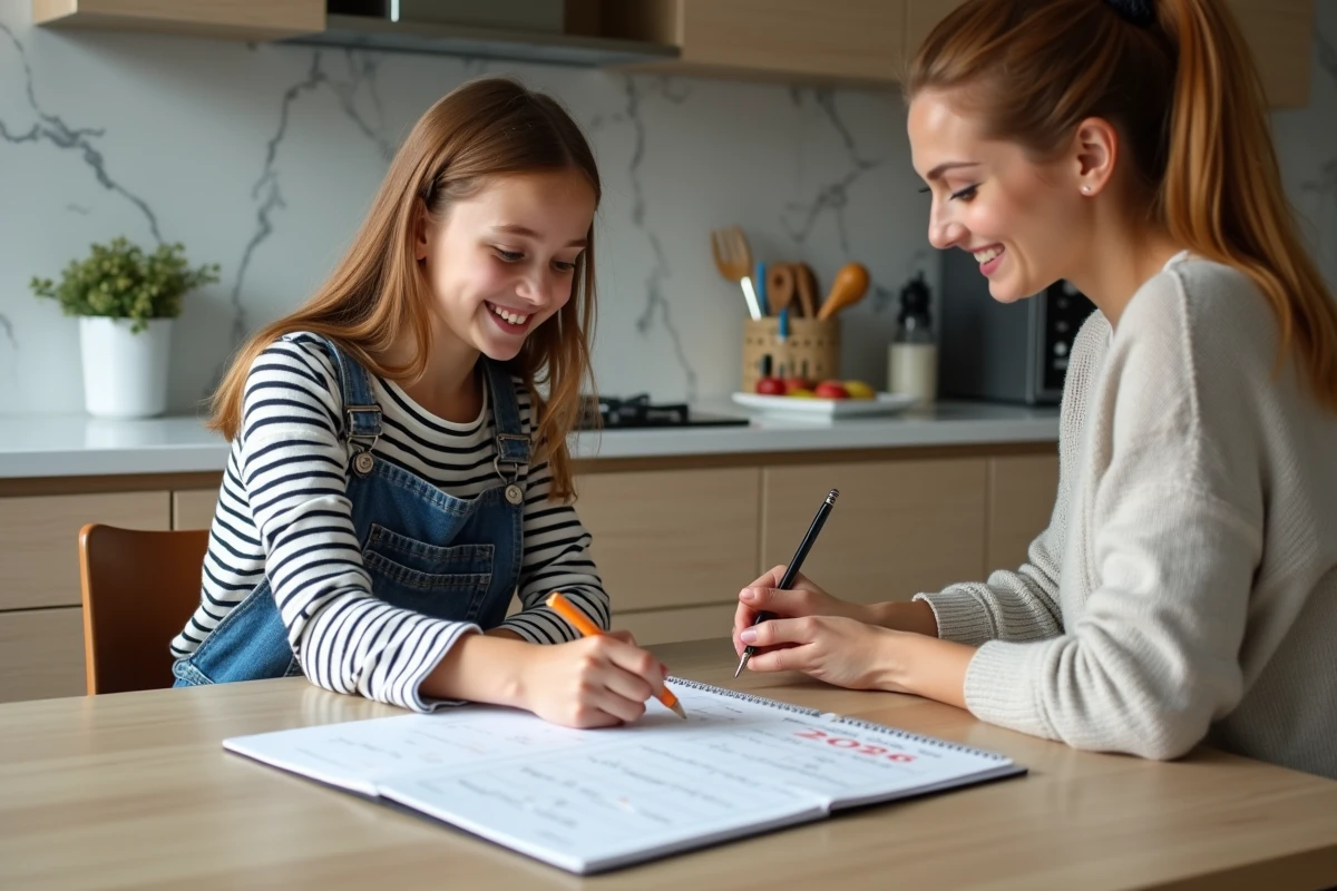 Jeune fille et mère marquant dates vacances 2026