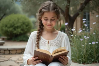 Jeune fille méditerranéenne lisant dans un jardin grec