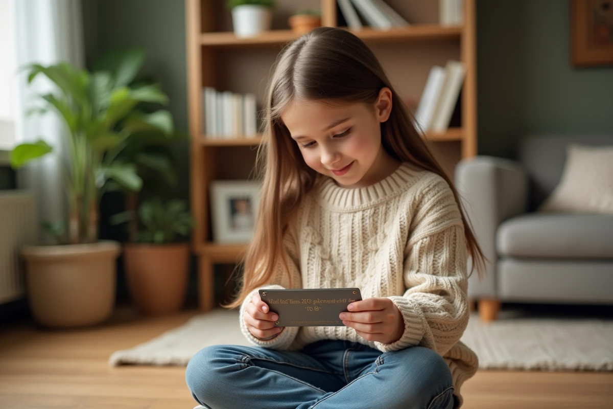 Jeune fille lisant une plaque gravée dans un salon chaleureux
