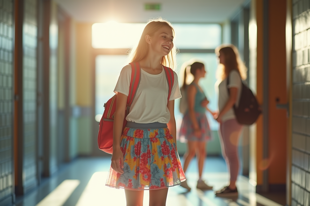 Adolescente souriante en jupe colorée dans le couloir