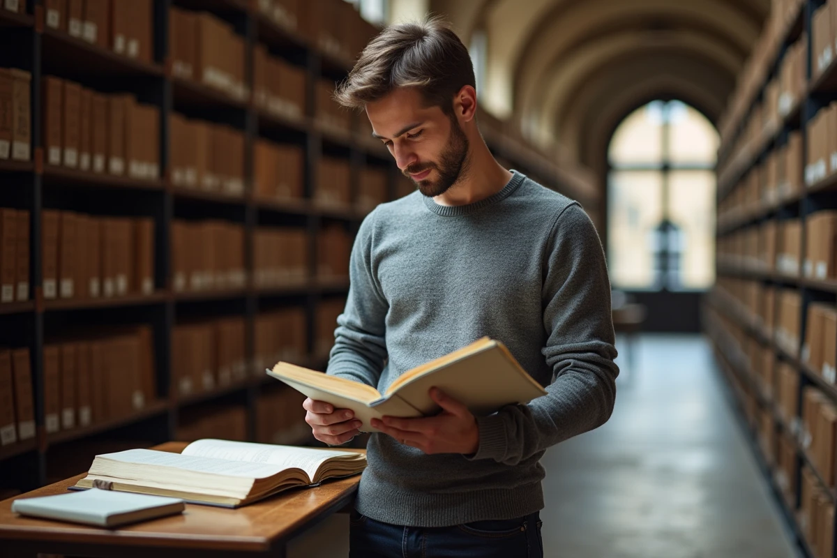 Jeune homme consultant des registres d'état civil dans une salle d'archives municipales françaises pour rechercher ses origines familiales
