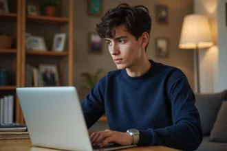 Jeune homme sur un canapé utilisant un ordinateur portable