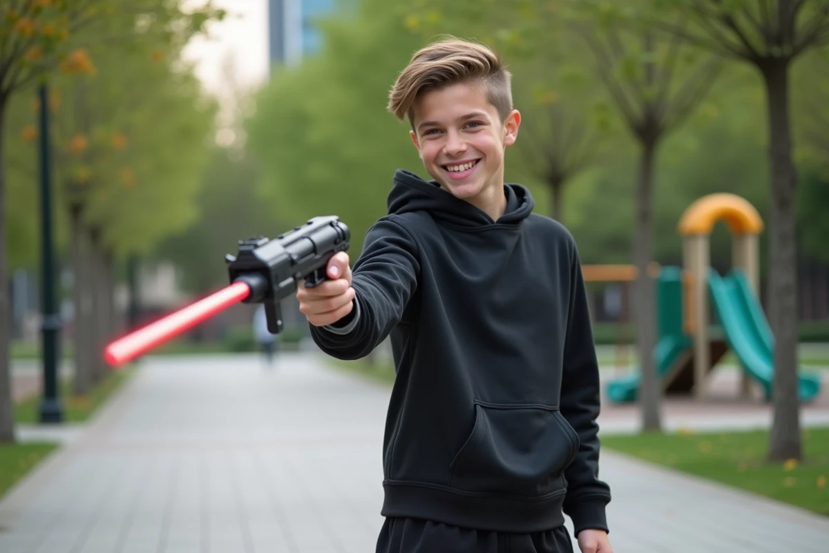 Jeune homme avec sabre laser dans un parc urbain