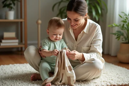 Mère et bébé de 1 an jouant avec un jouet sensoriel fait main en tissu sur un parquet en bois