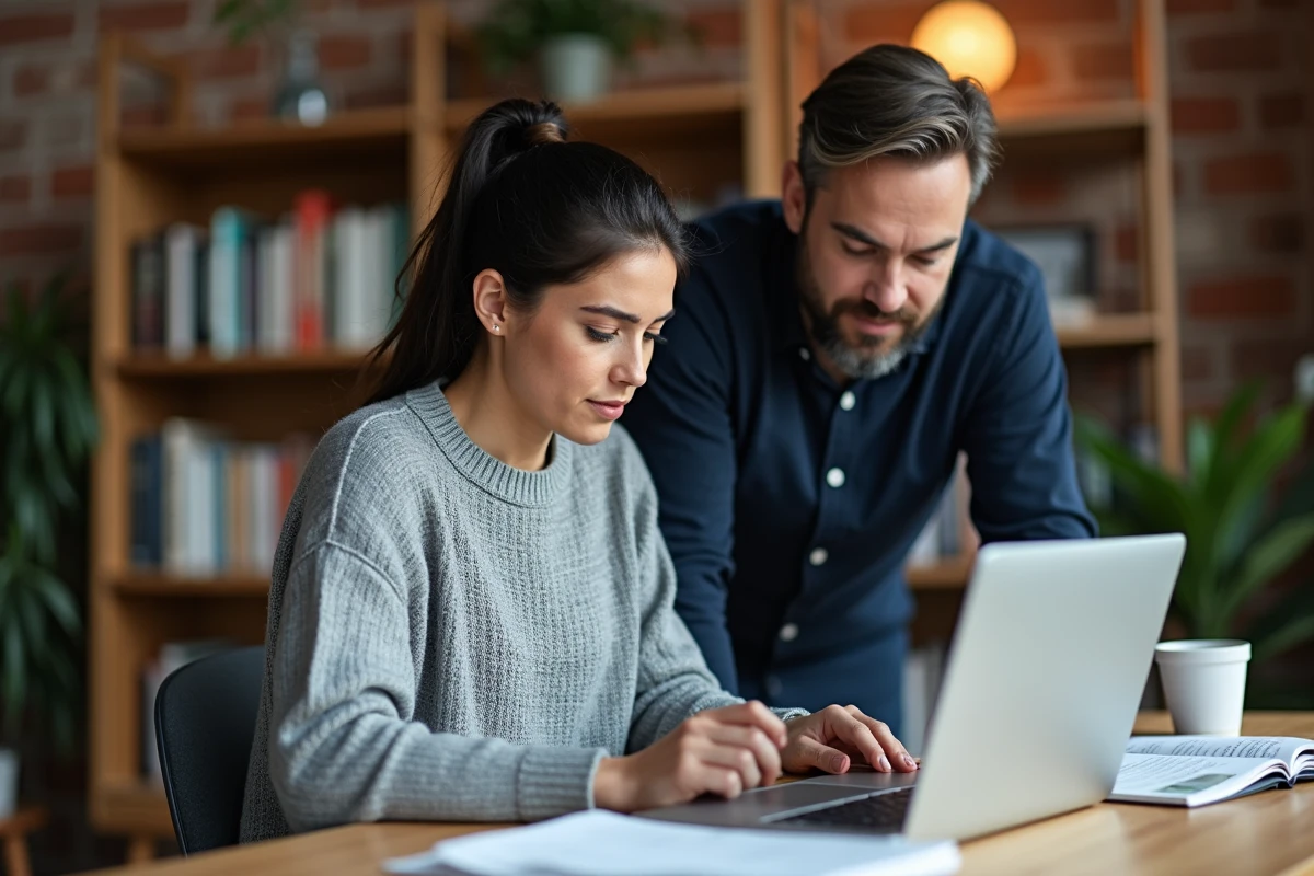 Femme journaliste travaillant &agrave; son bureau avec le soutien de son mari dans un bureau &agrave; domicile