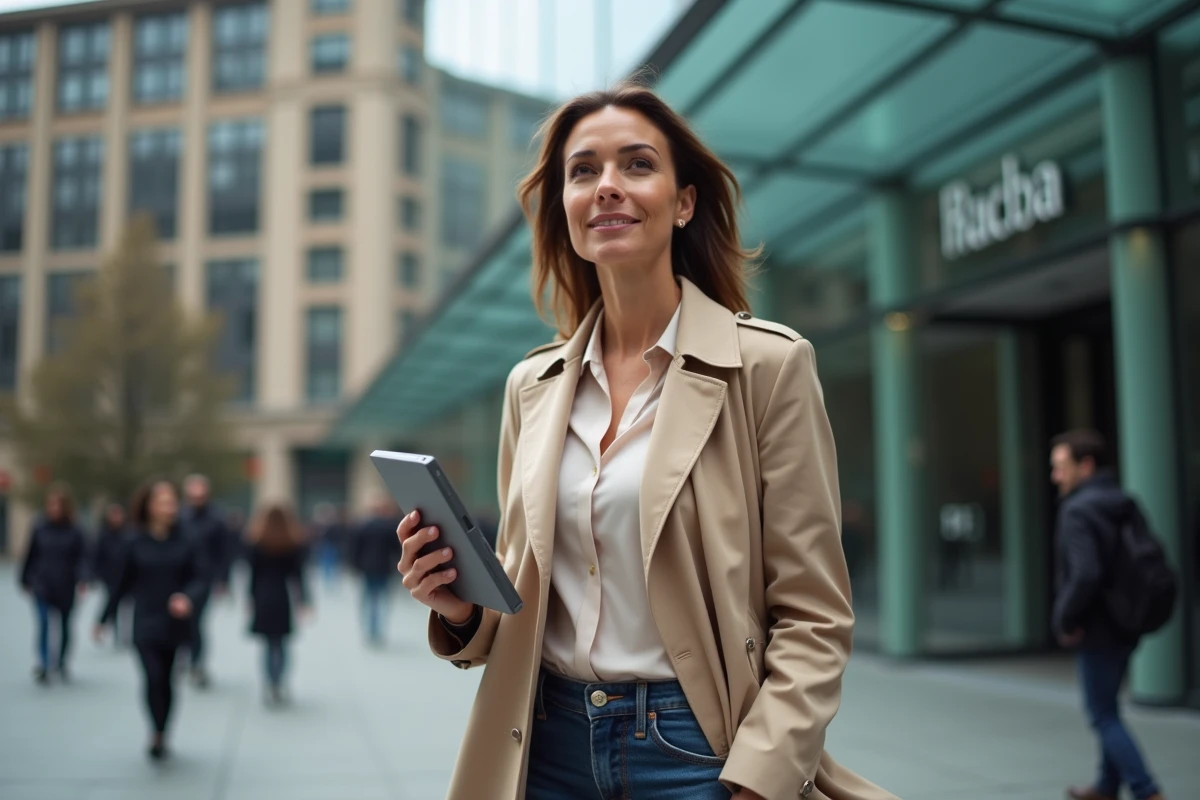 Journaliste en trench beige dans la ville