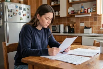 Jeune adulte majeur lisant un justificatif de domicile à la table familiale chez ses parents