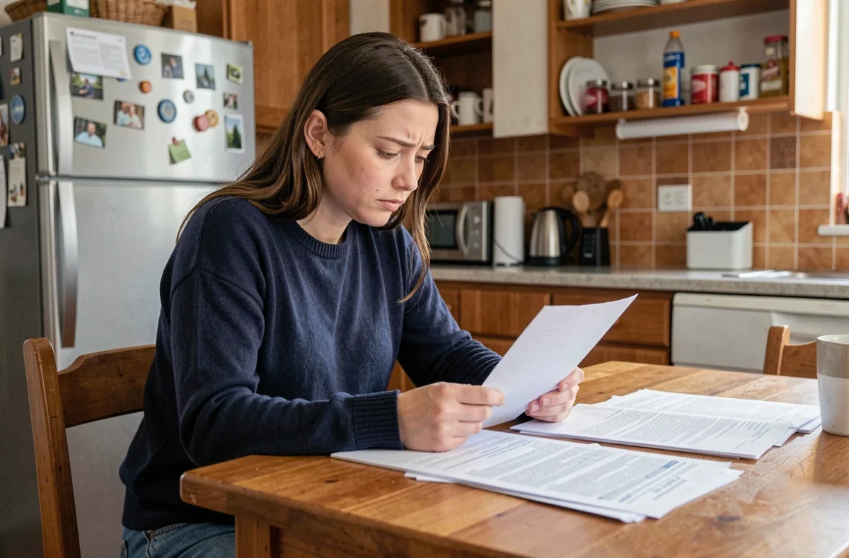 Jeune adulte majeur lisant un justificatif de domicile à la table familiale chez ses parents