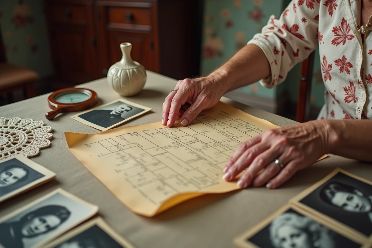 Mains d'une femme âgée dépliant un arbre généalogique familial entouré de portraits anciens en noir et blanc sur une table provençale