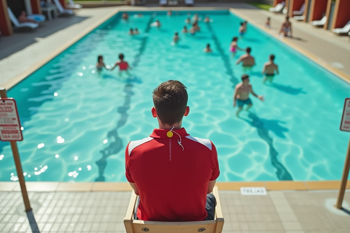 Maître-nageur surveillant la piscine à vagues du parc aquatique du Touquet