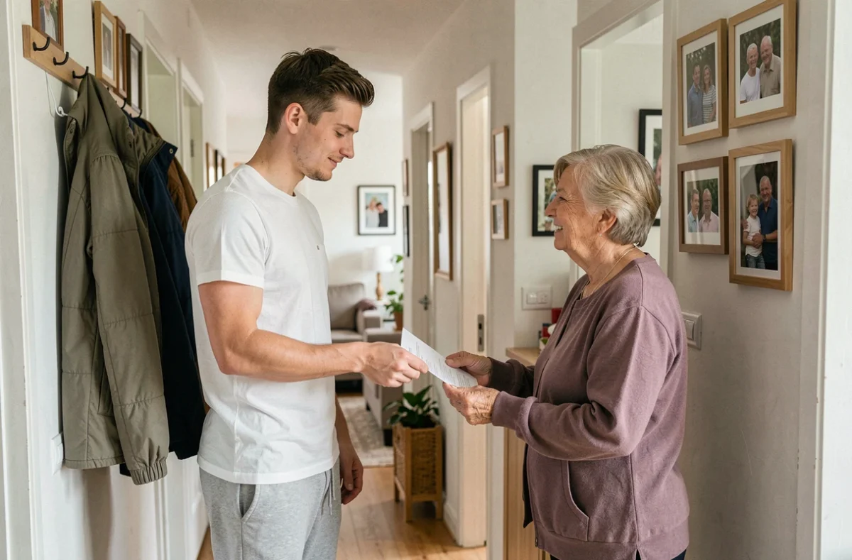 Majeur vivant chez ses parents remettant un document administratif à sa mère dans un couloir familial