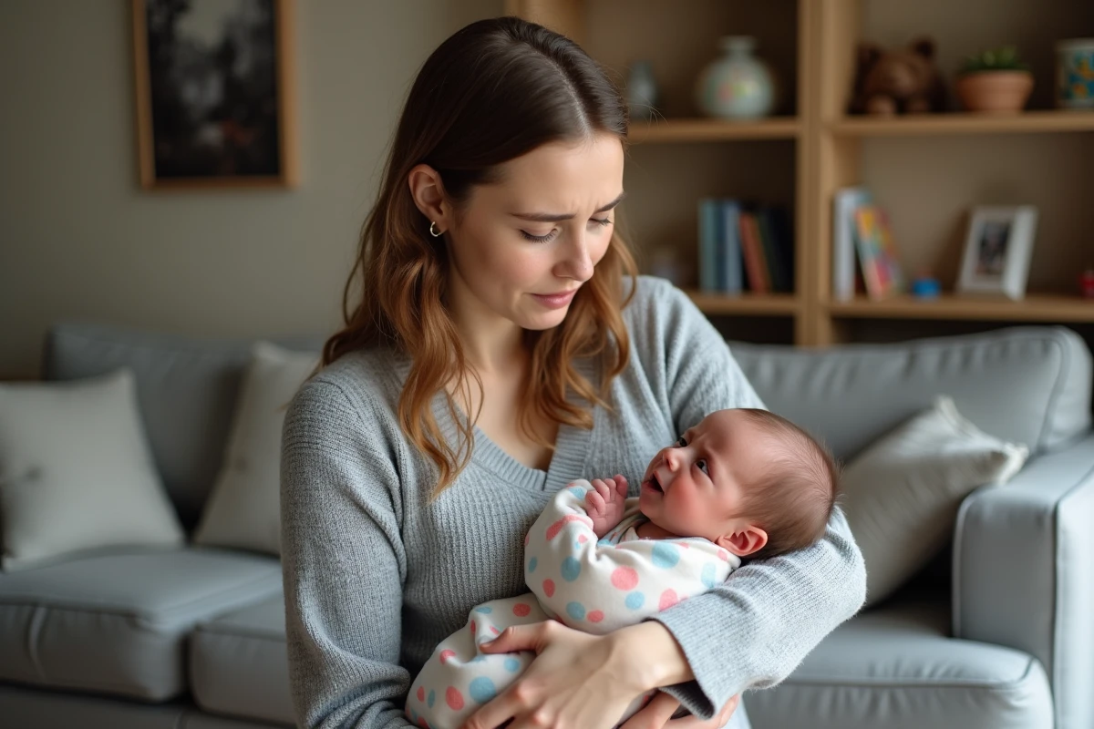 Maman réconforte son bébé pleurant dans un salon chaleureux