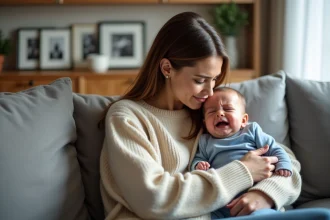 Jeune maman apaise son bébé pleurant dans le salon